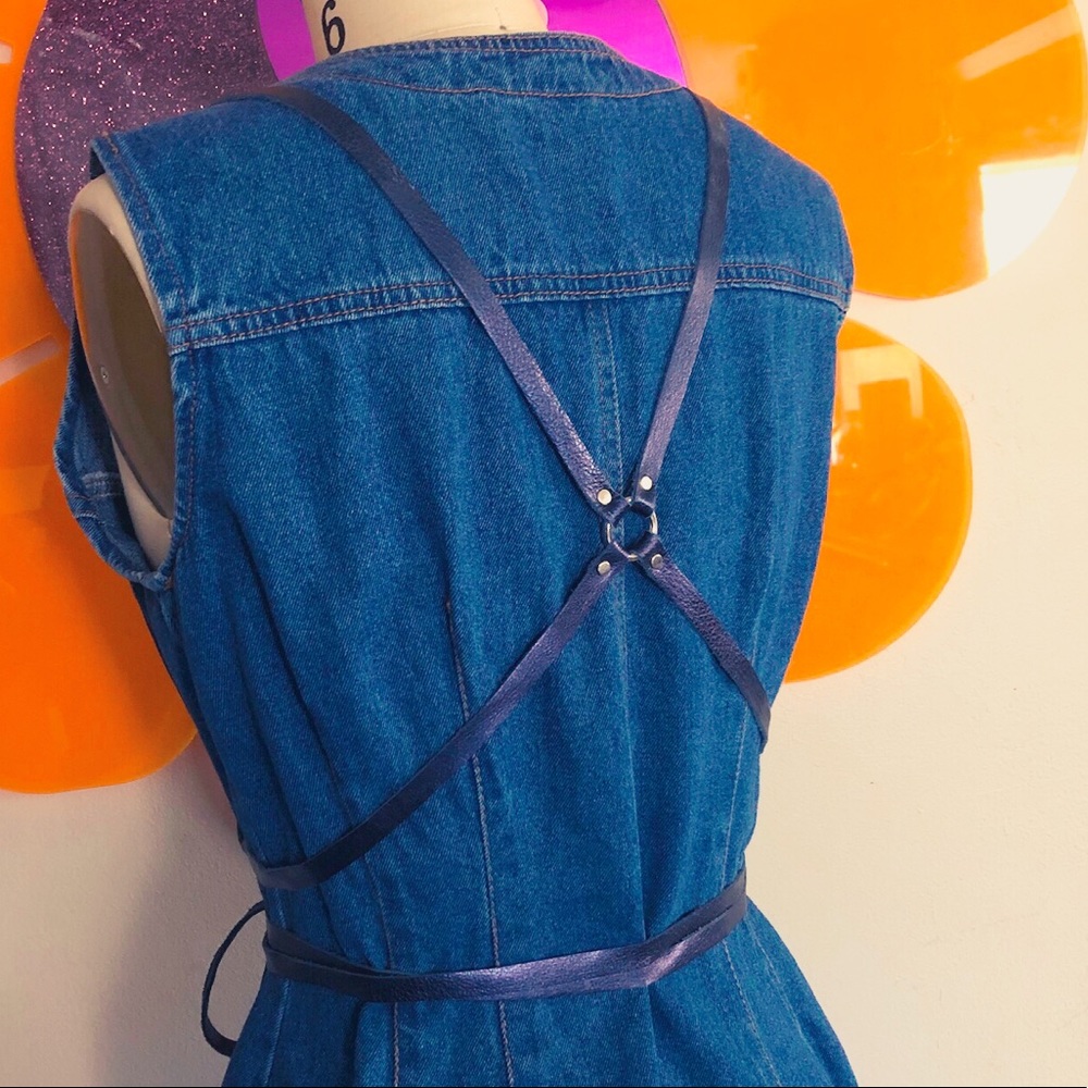 Metallic blue leather harness by JAKIMAC